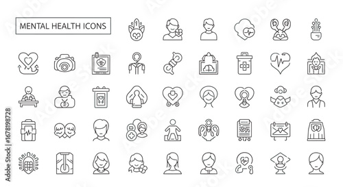 Collection of mental health symbols representing various psychological concepts and emotional states on a clean white backdrop, promoting awareness and understanding.
