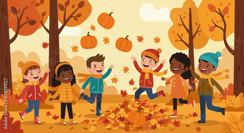 Children in a fall scene play with leaves and pumpkins