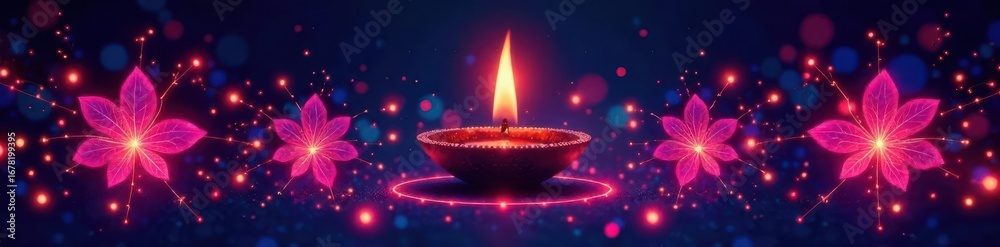 Abstract diya and floral motif, glowing lines, floral, lines Abstract diya and floral motif, glowing lines, floral, lines