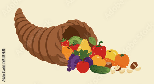 Cornucopia spilling fruits and nuts on a beige background