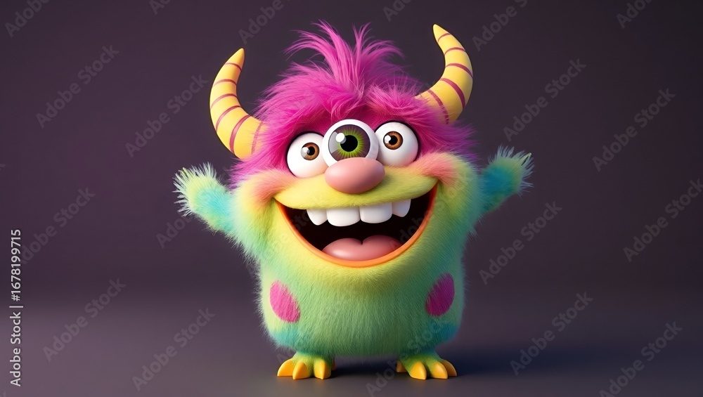 Fototapeta premium Cute Furry Creature with Horns and Three Eyes