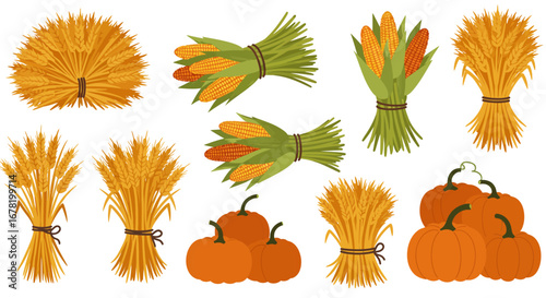 Fall harvest arrangement wheat sheaves corn bundles  orange pumpkins