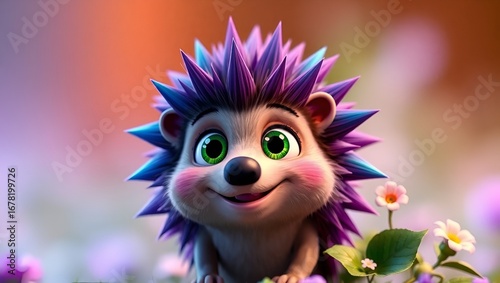a cheerful little hedgehog with blue and purple spines