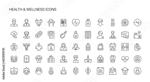Collection of health and wellness symbols arranged neatly on white surface representing healthcare and healthy lifestyle in minimalist style.