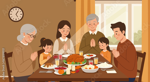 Family is seated at a dining table hands clasped apparently about to eat a Thanksgiving meal