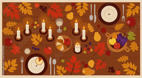 Festive wooden table setting with candles autumn leaves fruit plates wine and silverware