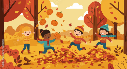 Four kids joyfully leap in leaves on an autumn day with trees and pumpkins