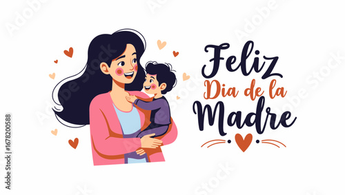 A mother lovingly embraces her child in a tender moment, with text Feliz Dia de la Madre alongside them