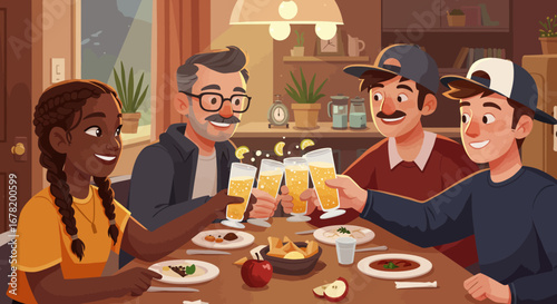 Four people around a table toasting with drinks