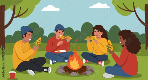 Four people sit around a campfire eating corn on the cob
