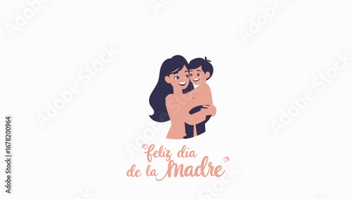 Mother lovingly holding her child with text Feliz Dia de la Madre in the background. It's a heartwarming scene that portrays love and appreciation for motherhood
