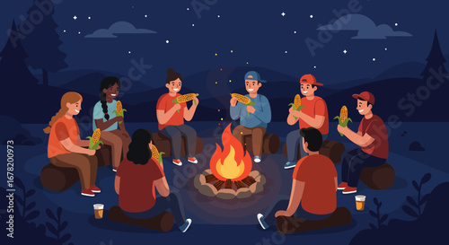 Group of people around a bonfire eating corn on the cob under a starry night sky