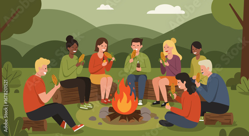 People sit around a campfire eating corn in a wooded setting