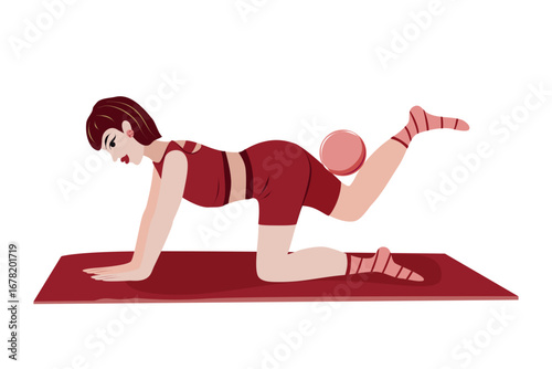 Sport people. Woman in sportswear doing exercise with fitness ball on gym mat. Vector illustration of healthy lifestyle and home workouts. Isolated