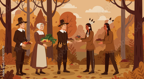 Pilgrims  Native Americans exchange food in autumn setting