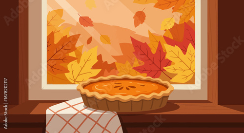 Pumpkin pie sits on a checkered cloth on a windowsill with a fallthemed backdrop