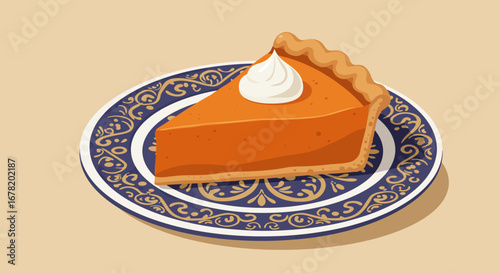 Pumpkin pie slice on a patterned plate with whipped cream topping set against a beige backdrop