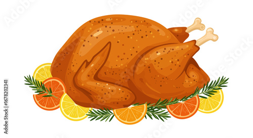 Roasted turkey adorned with citrus slices and rosemary sprigs