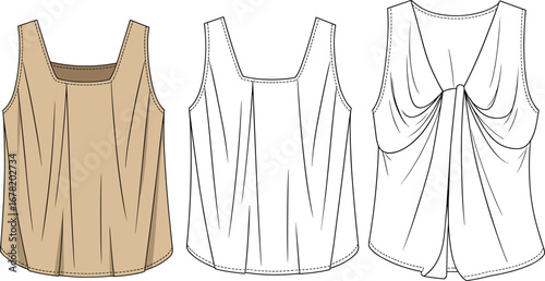 Vector technical fashion illustration of sleeveless tops with pleats and draped designs, garment flat sketch for apparel design presentation