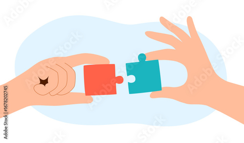 Two Hands combine puzzle pieces. Teamwork and brainstorm concept. Business idea and solution. Partnership relationship vector illustration