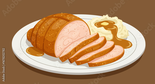 Sliced turkey roll with mashed potatoes gravy and butter on a white plate
