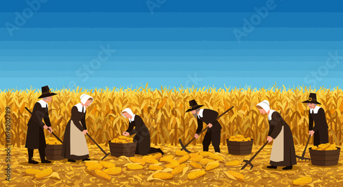 Seven individuals harvesting corn in a field