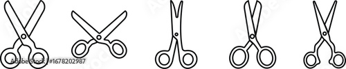 Scissor Icon Set, Collection and Group Black Cutting Tool, Barber Shears, Tailor Scissors, Craft Knife Symbol Vector in Line Style for Fashion, Sewing, Hairdressing and Creative Design