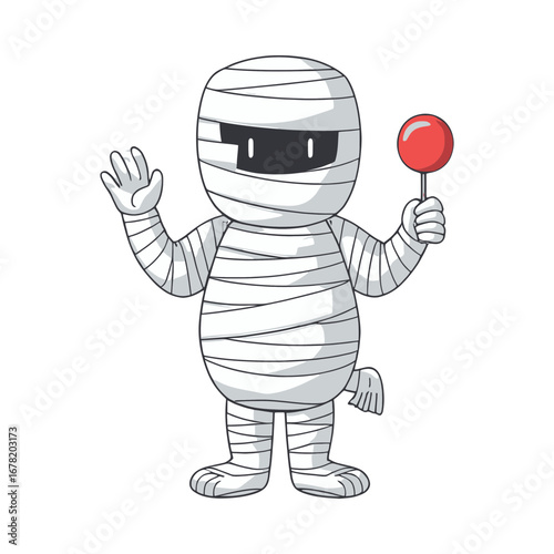 Cute cartoon mummy character holding a red lollipop and waving.