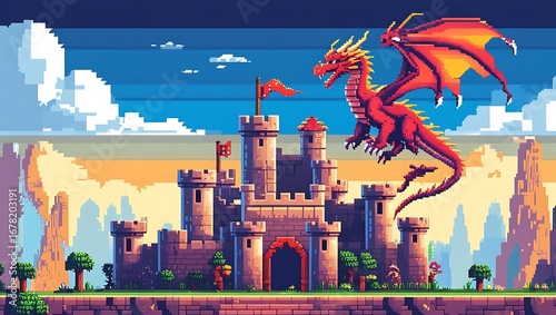 Pixel Art Fantasy Landscape with Flying Dragon and Castle