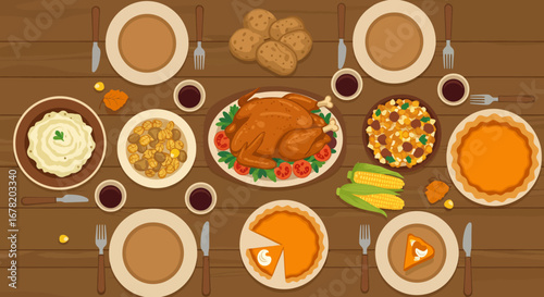 Thanksgiving table filled with dishes turkey pie potatoes and utensils atop a wooden surface