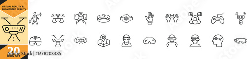 Set of outline icons representing virtual and augmented reality technologies and concepts vector