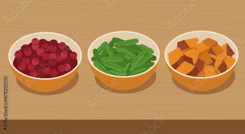 Three orange bowls filled with cranberries green beans and cubed squash are placed sidebyside on a light brown wooden surface