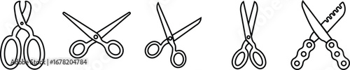 Scissor Icon Set, Collection and Group Black Cutting Tool, Barber Shears, Tailor Scissors, Craft Knife Symbol Vector in Line Style for Fashion, Sewing, Hairdressing and Creative Design