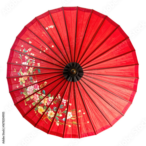 Red Traditional Umbrella: This striking image showcases a vibrant red traditional umbrella, meticulously crafted with intricate detailing and design, radiating an atmosphere of history, beauty.