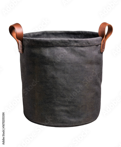Dark gray canvas bucket bag with leather handles