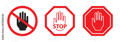 Enhance safety visuals with our Stop Red Sign Icon Set, Warning symbol. stop hand icon, flat palm gesture symbol for warning, caution, restriction, traffic safety, danger, and alert. EPS 10