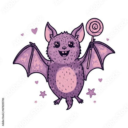Cute purple bat character holding a pink lollipop.
