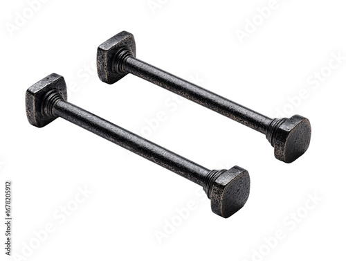 Two dark gray metal rods, square ends,  industrial style