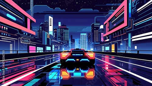 Futuristic Car Driving Through a Neon Cyberpunk City at Night in Retro Pixel Art Style