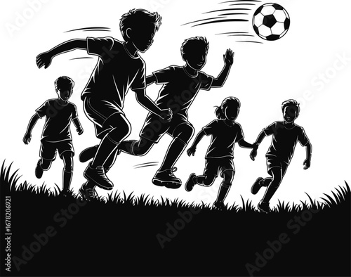 Children Playing Soccer Silhouette Illustration Black and White Depiction of Kids Running After Ball in Outdoor Game Activity Design