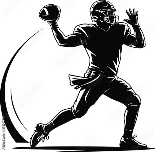 American Football Quarterback Throwing Ball Silhouette Illustration in Black and White Style for Sport Design and Athletic Concepts