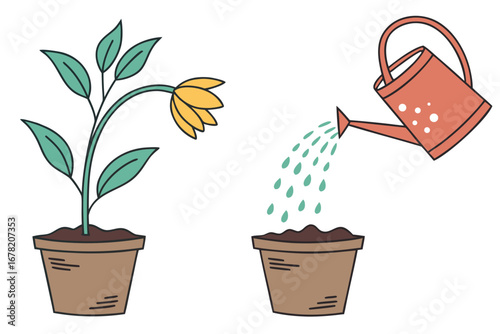 Vector illustration of wilting potted plant and watering can nurturing soil