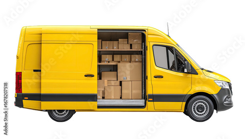Yellow delivery van with open cargo bay, stacked boxes