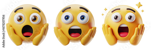 Collection of shocked yellow emoticon with big eyes and open mouth holding its face in its hands