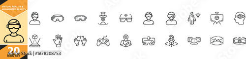 Collection of thin line icons representing virtual and augmented reality technology concepts and futuristic interfaces vector