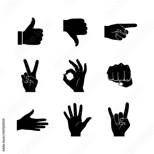 Hand gestures icons set. Black silhouettes of various communication signs including thumbs up, thumbs down, peace, OK, pointing, fist, open hand, and rock on symbol.