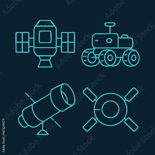 Space technology line icons satellite rover telescope and hub