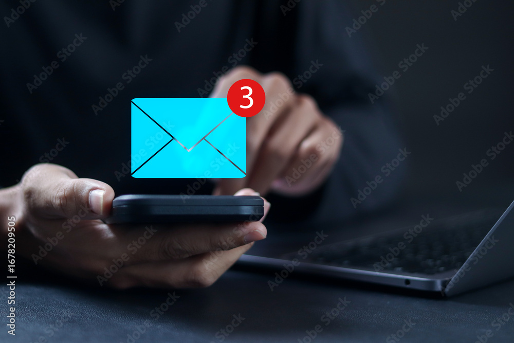 Message reminder concept. Email inbox, new email notification, email message and newsletter. Email notification on smartphone. Message reminder concept. Email inbox, new email notification, email message and newsletter. Email notification on smartphone.