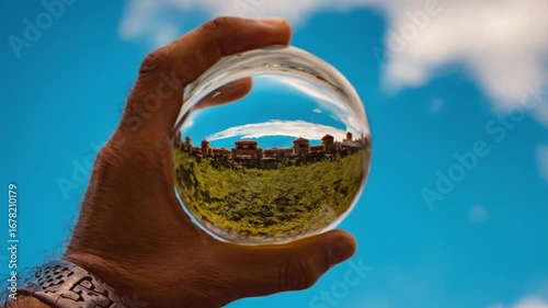 Captivating view through crystal ball shows inverted landscape under blue sky