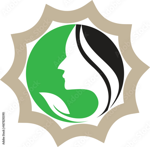 Elegant Beauty Logo Profile Silhouette with Leaf and Sunburst Frame